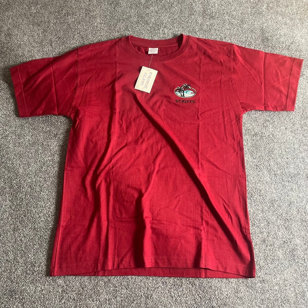 Paradise Island Mens St Kitts‎ Embroidered T-Shirt Red Cotton Size M NWT
